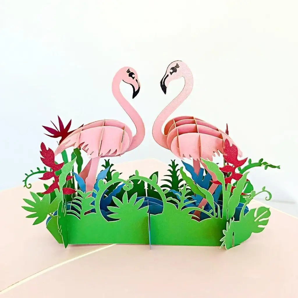 Pink Flamingo Couple in Tropical Garden 3D Pop Up Card