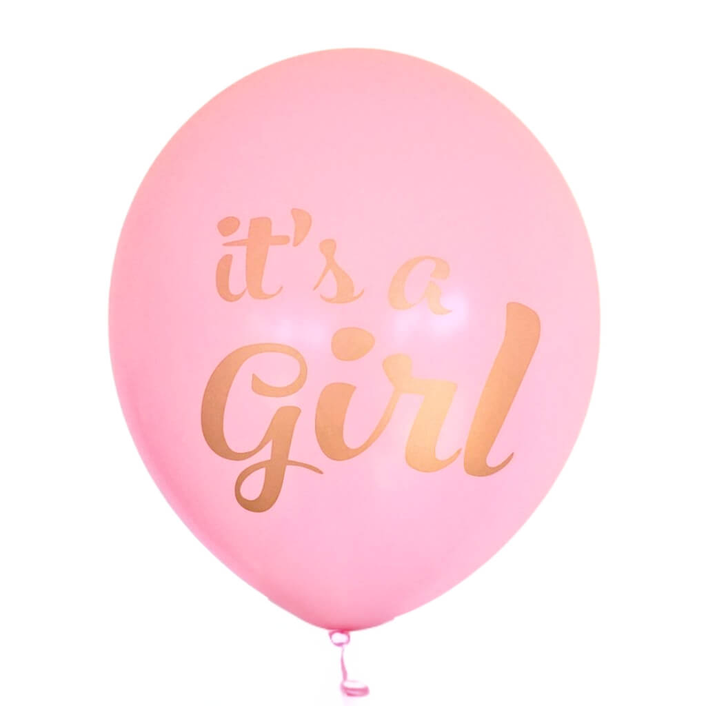 Gender reveal its a girl latex balloons pink with gold lettering