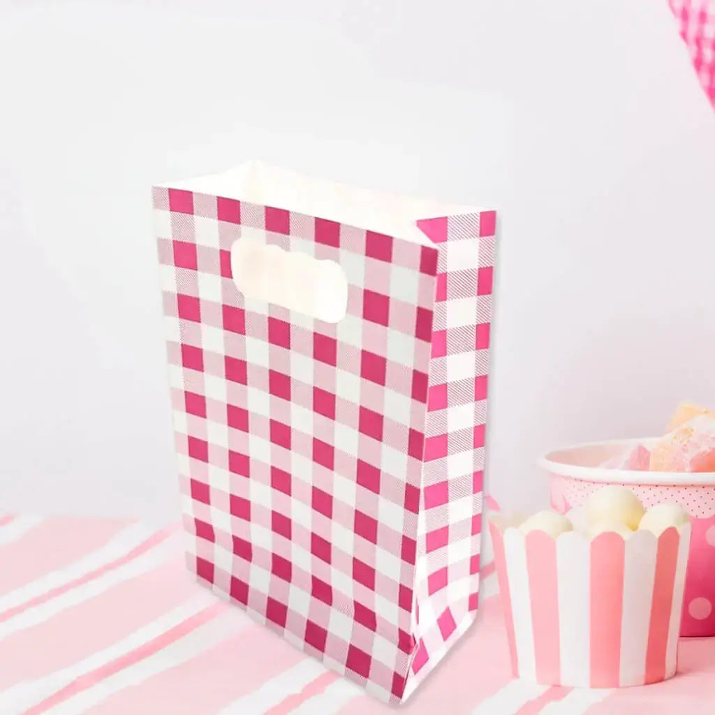 Pack of 6 Pink Gingham Paper Gift Bags.