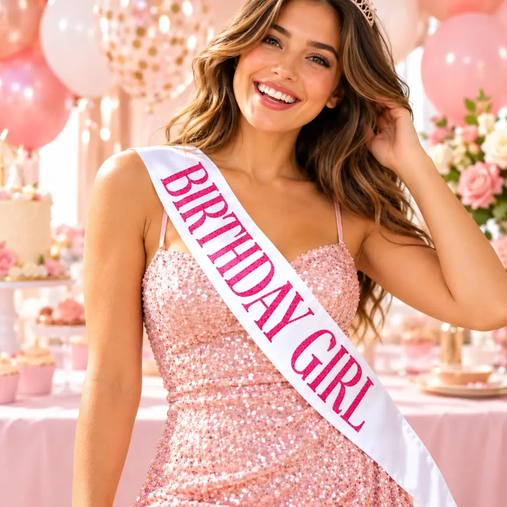 Pink Glitter 'Birthday Girl' Luxurious White Sash