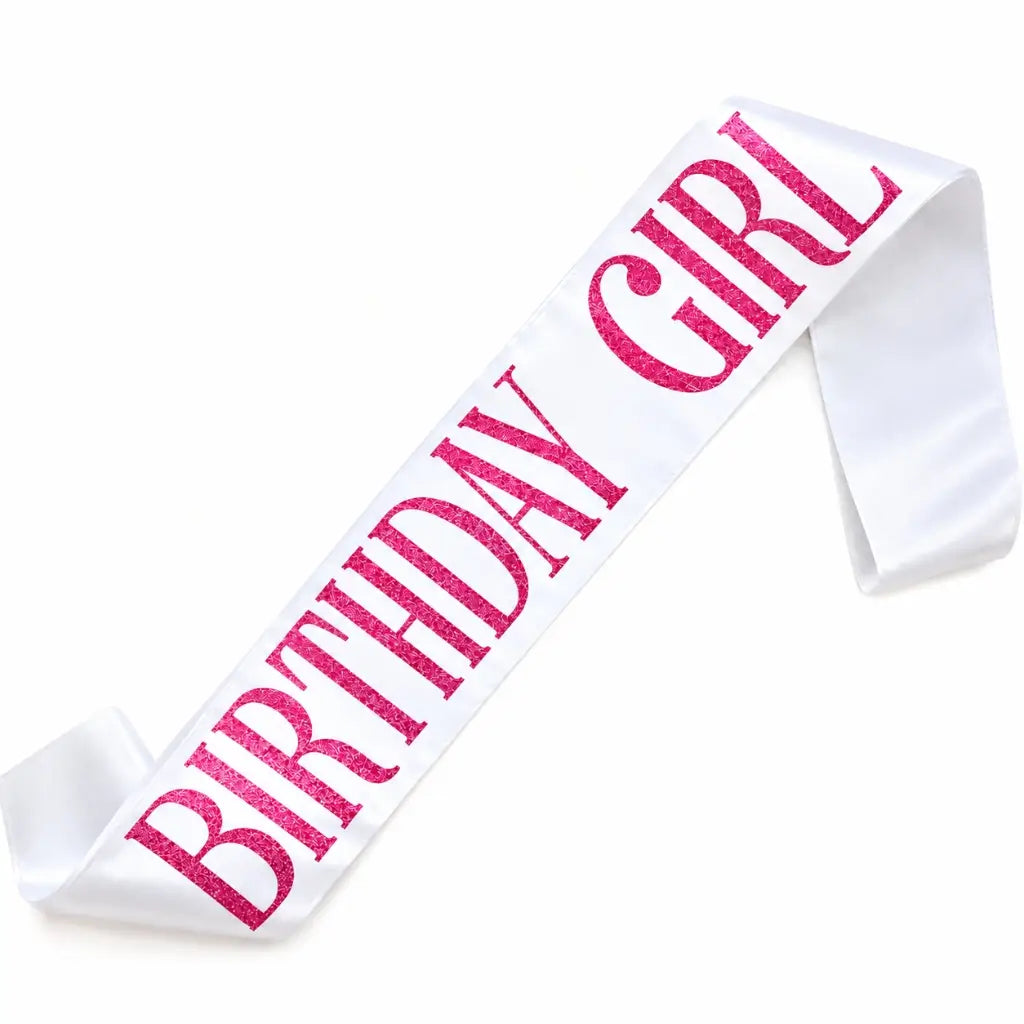 Pink Glitter 'Birthday Girl' Luxurious White Sash