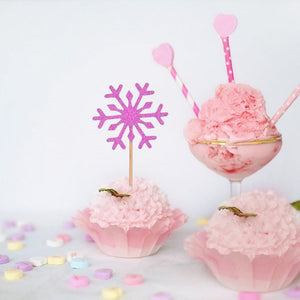 Pink Glitter Snowflake Paper Cupcake Topper 10 Pack - Christmas cake decorating bakeware accessories