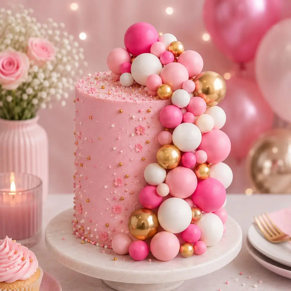 Pink white gold deco foam ball cake topper set