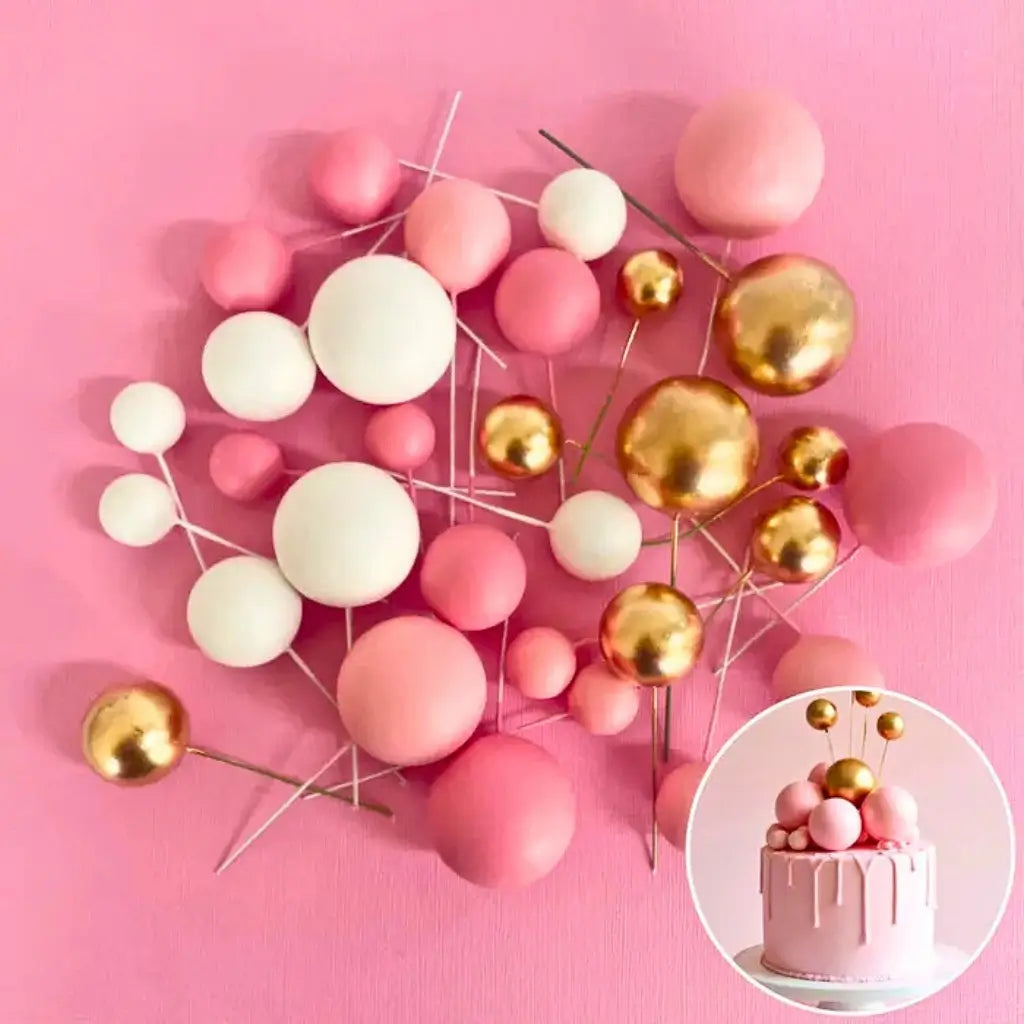 Pink white gold deco foam ball cake topper set