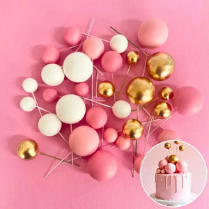 Pink white gold deco foam ball cake topper set