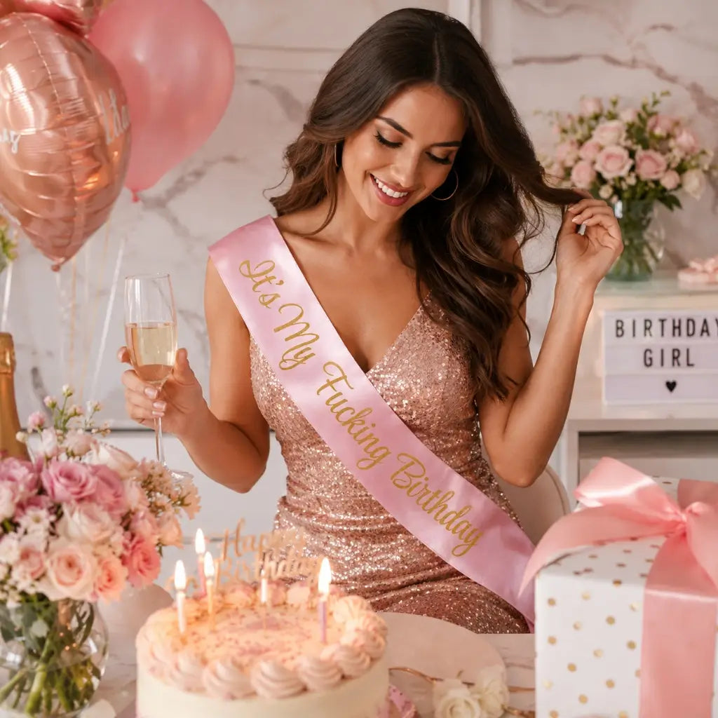 Pink 'It's My Fucking Birthday' Sash - Gold Glitter Print