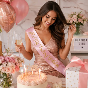 Pink 'It's My Fucking Birthday' Sash - Gold Glitter Print