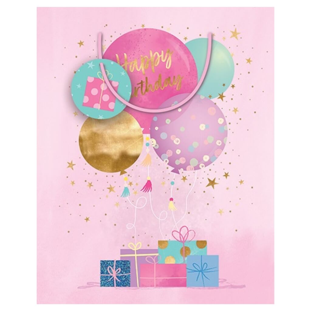 Medium pink happy birthday gift bag with balloons and gifts