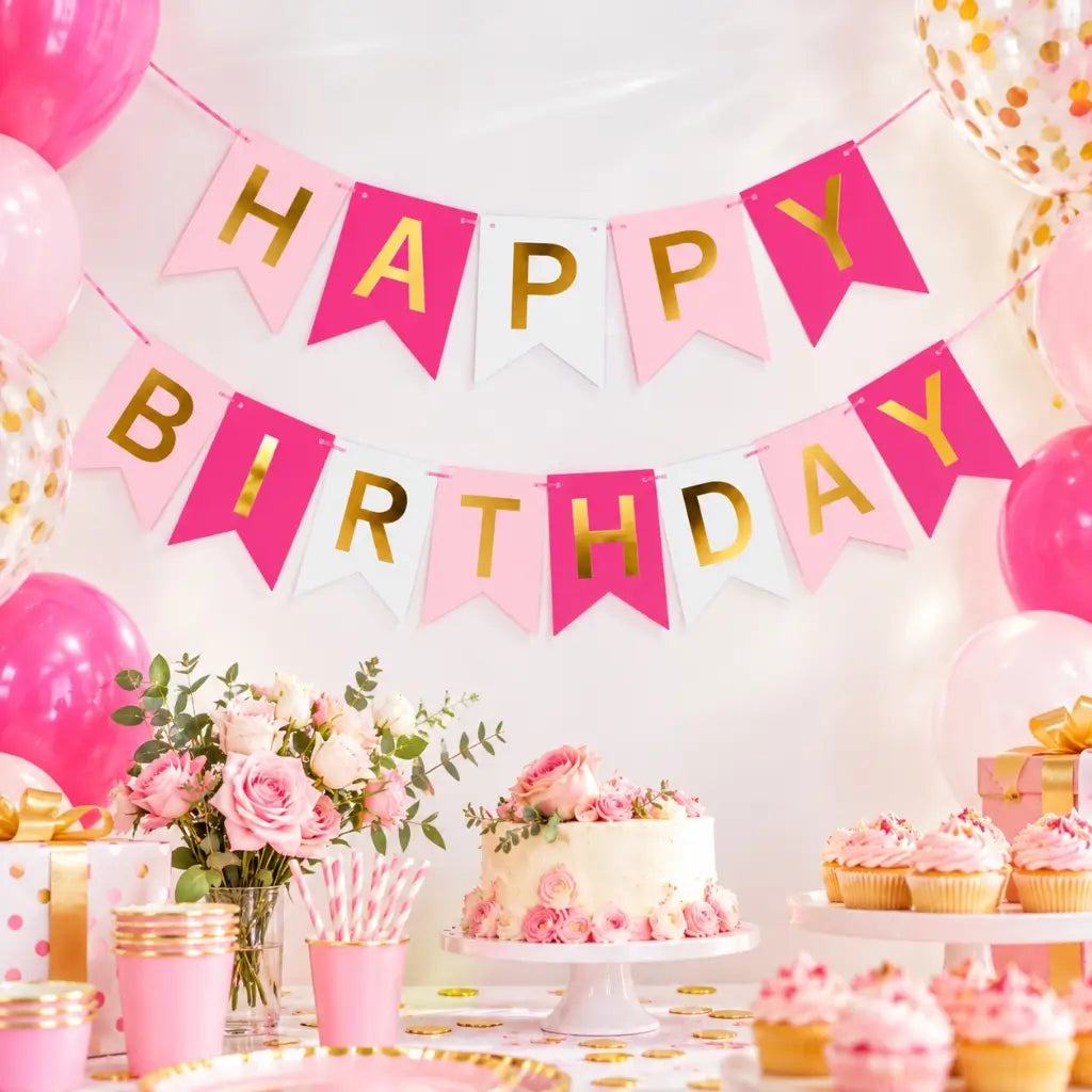 Pink &amp; Hot Pink Happy Birthday Paper Bunting Banner
