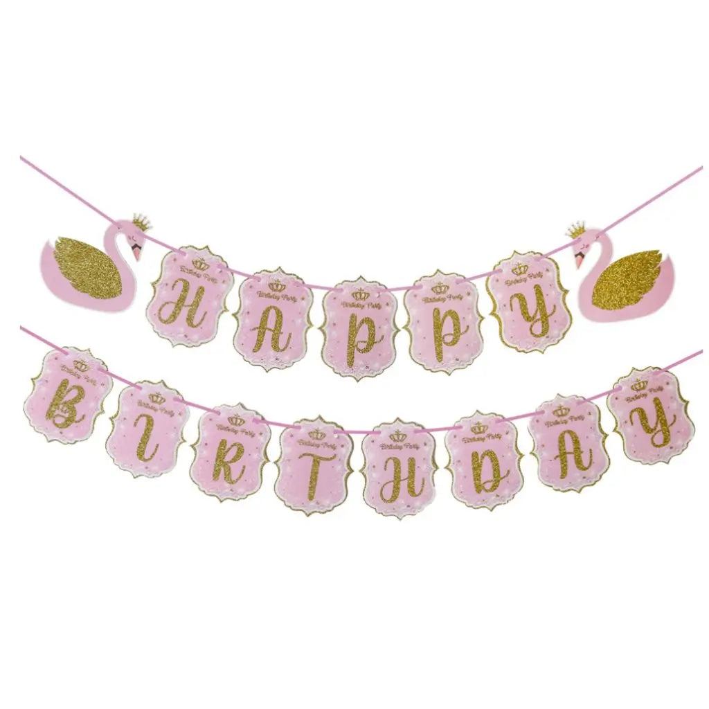 Pink glitter Happy Birthday Swan Princess Paper Banner