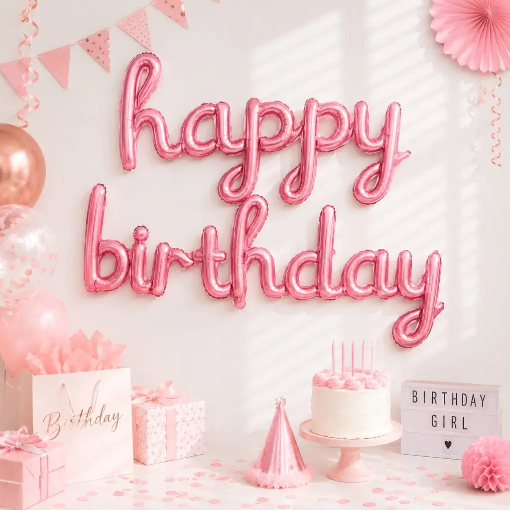 Pink 'happy birthday' Script Balloon Banner Set
