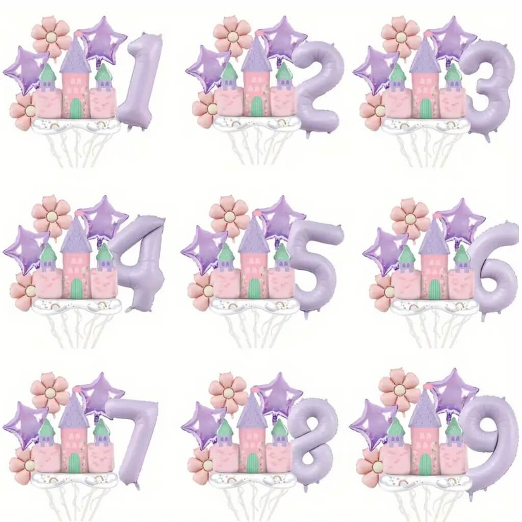 lilac Princess Daisy Castle Balloon Bundle with jumbo castle and number foil from 1 to 9