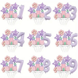 lilac Princess Daisy Castle Balloon Bundle with jumbo castle and number foil from 1 to 9