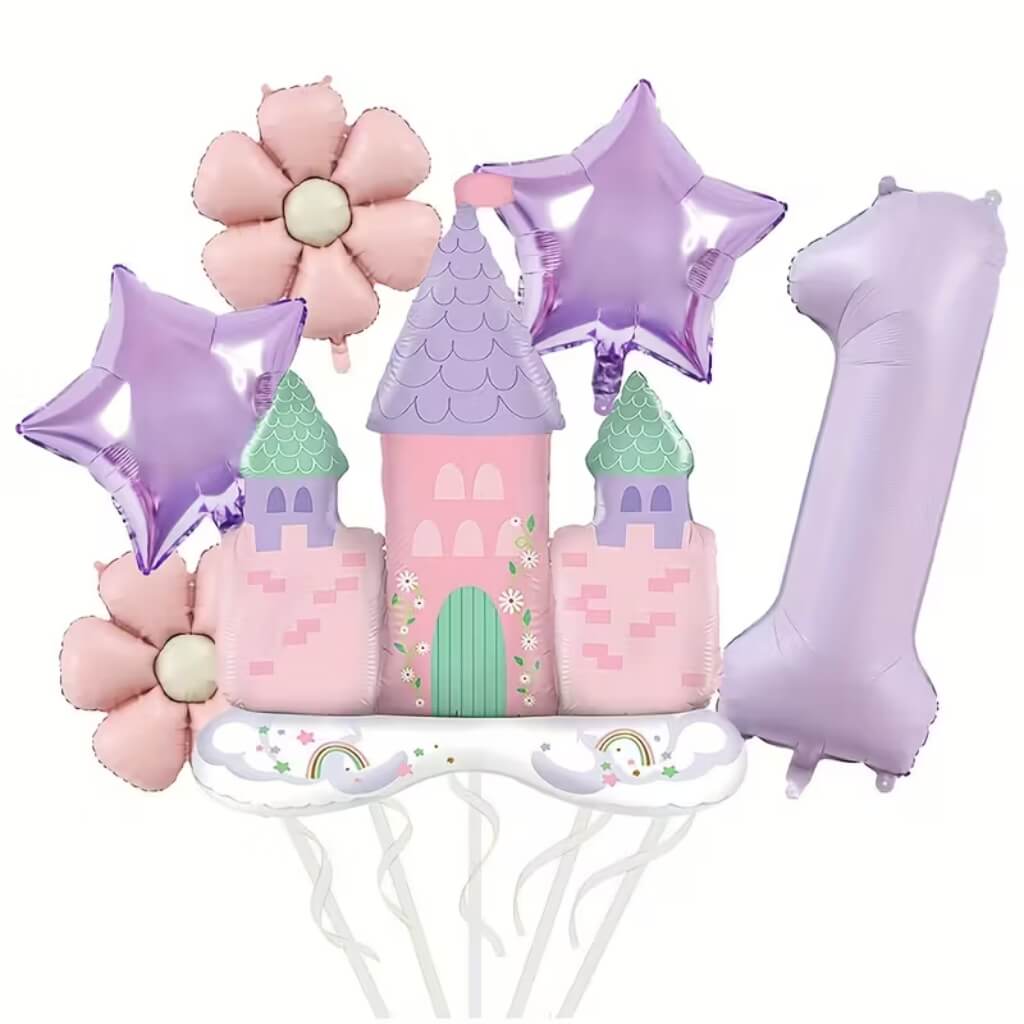 lilac Princess Daisy Castle Balloon Bundle with jumbo castle and number foil from 1 to 9