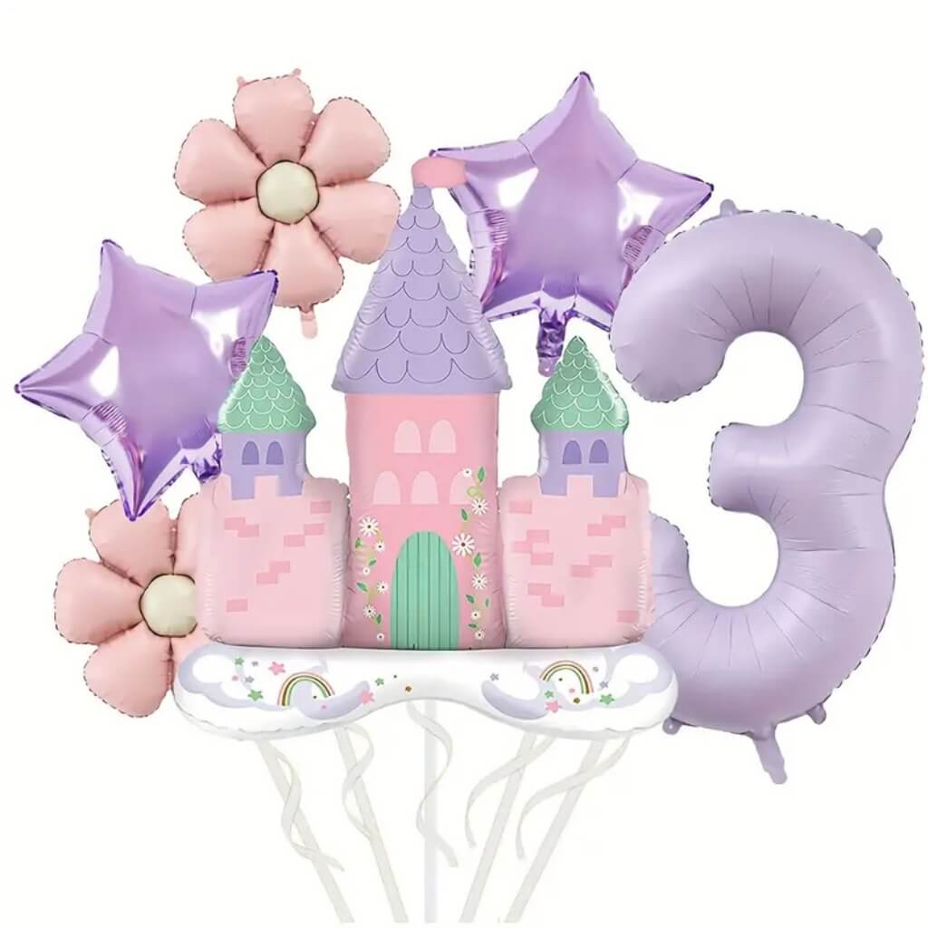 Photo-ready fairy-tale balloon set with castle, number, star and daisy foils age 3