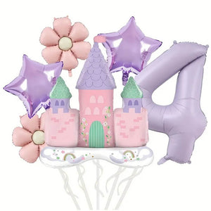 Princess-themed party balloons with castle, daisy, number and star foils age 4