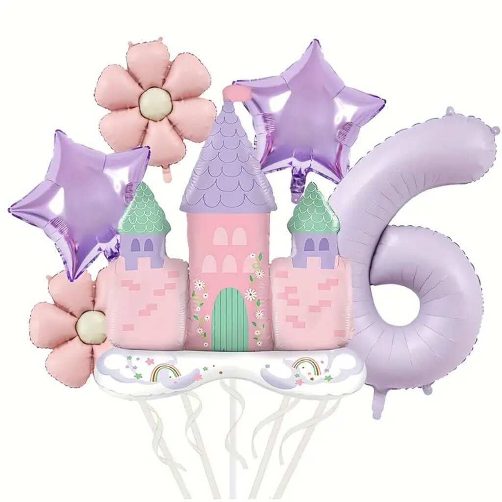 lilac pink Princess Daisy Castle Balloon Bundle with jumbo castle and number foil age 6