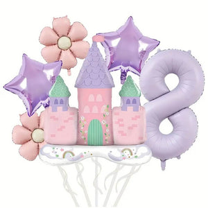 Pastel pink and purple castle balloon with daisy and star foils age 8