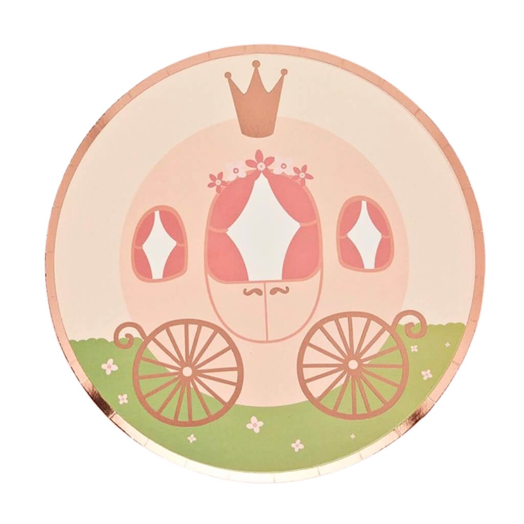 Round princess paper plates with carriage design and foil accents