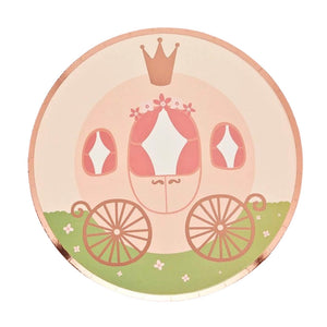 Round princess paper plates with carriage design and foil accents