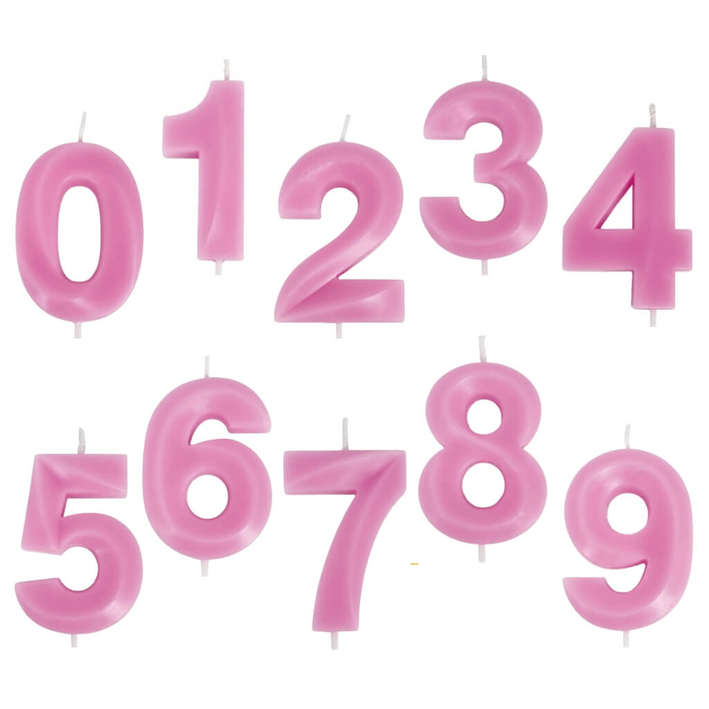 Single pink numeral 0 to 9 candle for milestone birthday cake