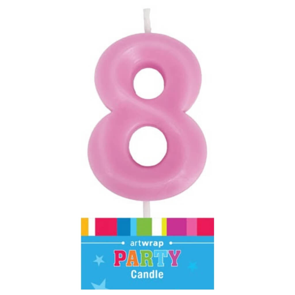 Single pink numeral 8 candle for birthday cake