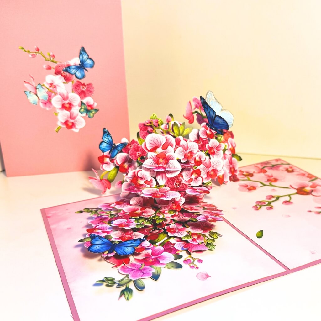 Handmade Pink Orchid Garden with Blue Butterflies 3D Pop Up Greeting Card