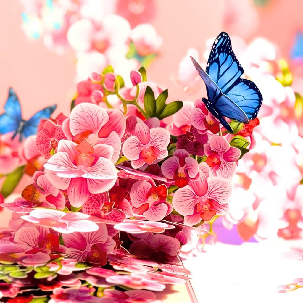 Handmade Pink Orchid Garden with Blue Butterflies 3D Pop Up Greeting Card