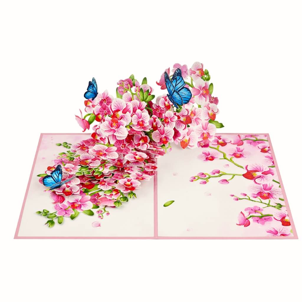 Handmade Pink Orchid Garden with Blue Butterflies 3D Pop Up Greeting Card