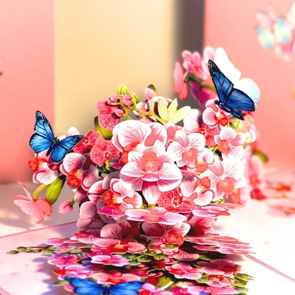 Handmade Pink Orchid Garden with Blue Butterflies 3D Pop Up Greeting Card