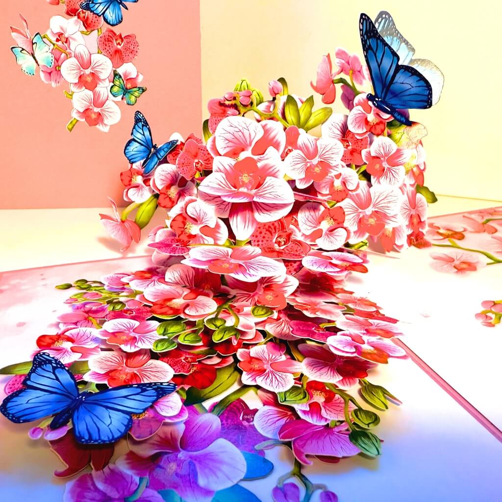 Handmade Pink Orchid Garden with Blue Butterflies 3D Pop Up Greeting Card