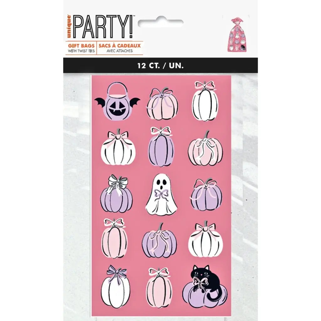 Pink Halloween lolly bags featuring pastel pumpkins and decorative bows