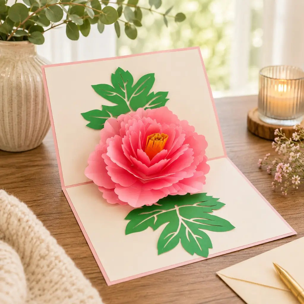 Handmade Pink Peony Flower Pop Up Greeting Card