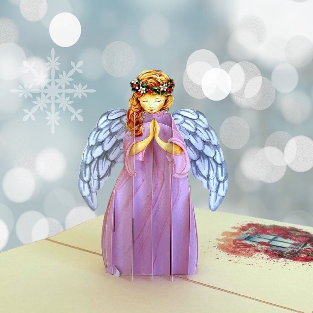 Praying Guardian Angel Pop Up Christmas Card - Pink