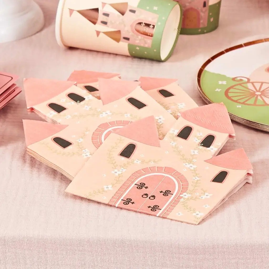 Pink castle party napkins for girls’ birthday or royal princess celebration