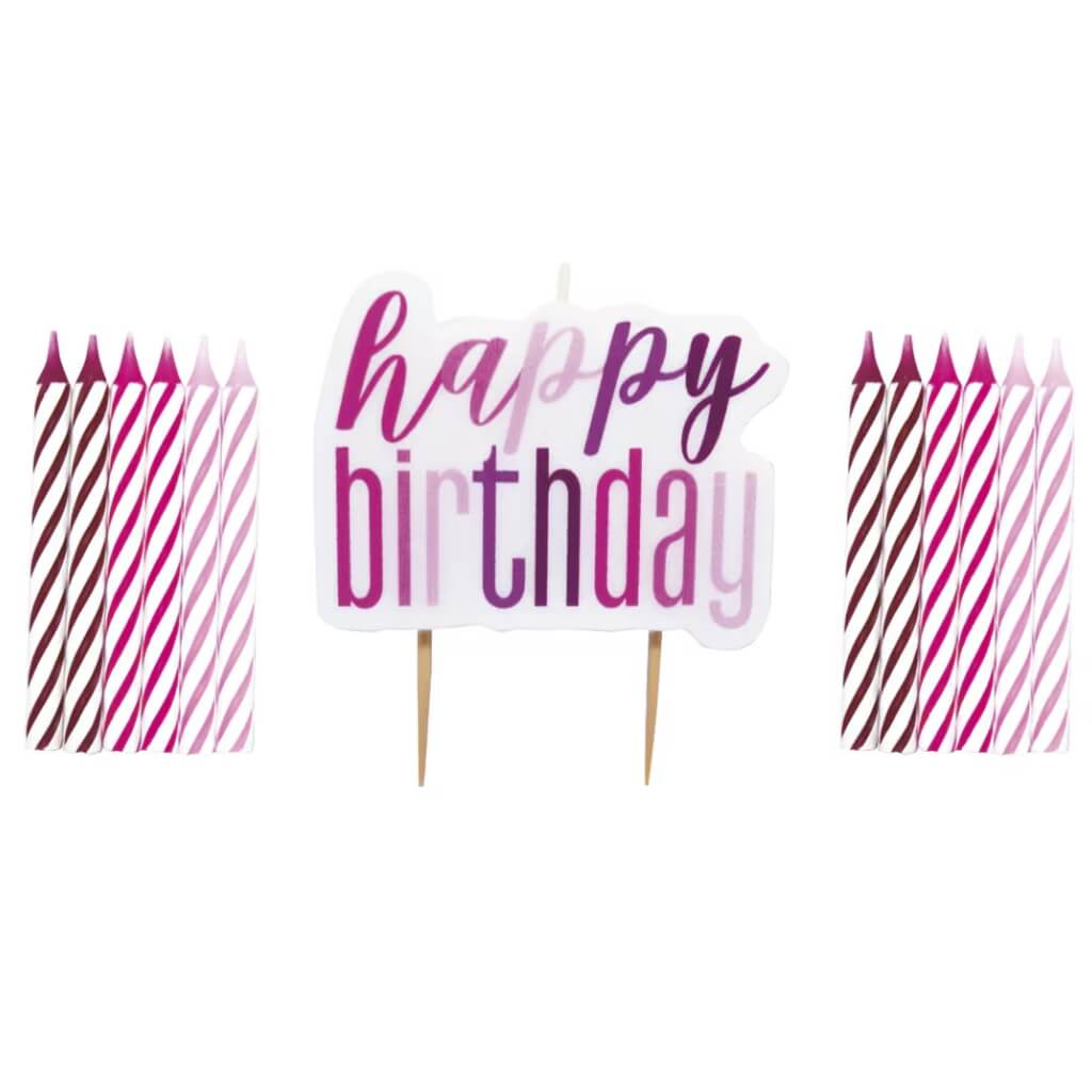 Pink Purple Striped Spiral Candles & Happy Birthday 13pk