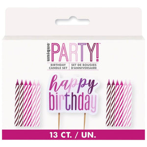 Pink Purple Striped Spiral Candles & Happy Birthday 13pk