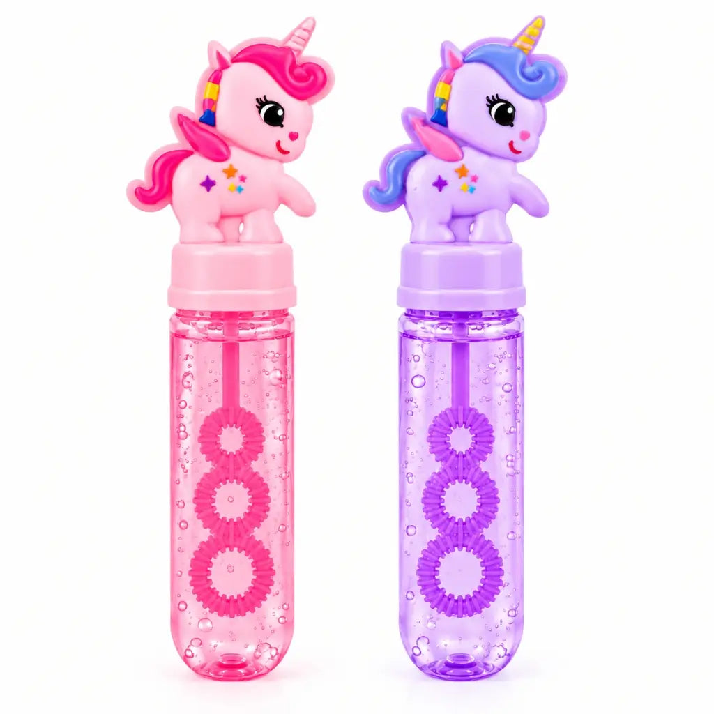 Pink and purple unicorn bubble wands with colourful character toppers
