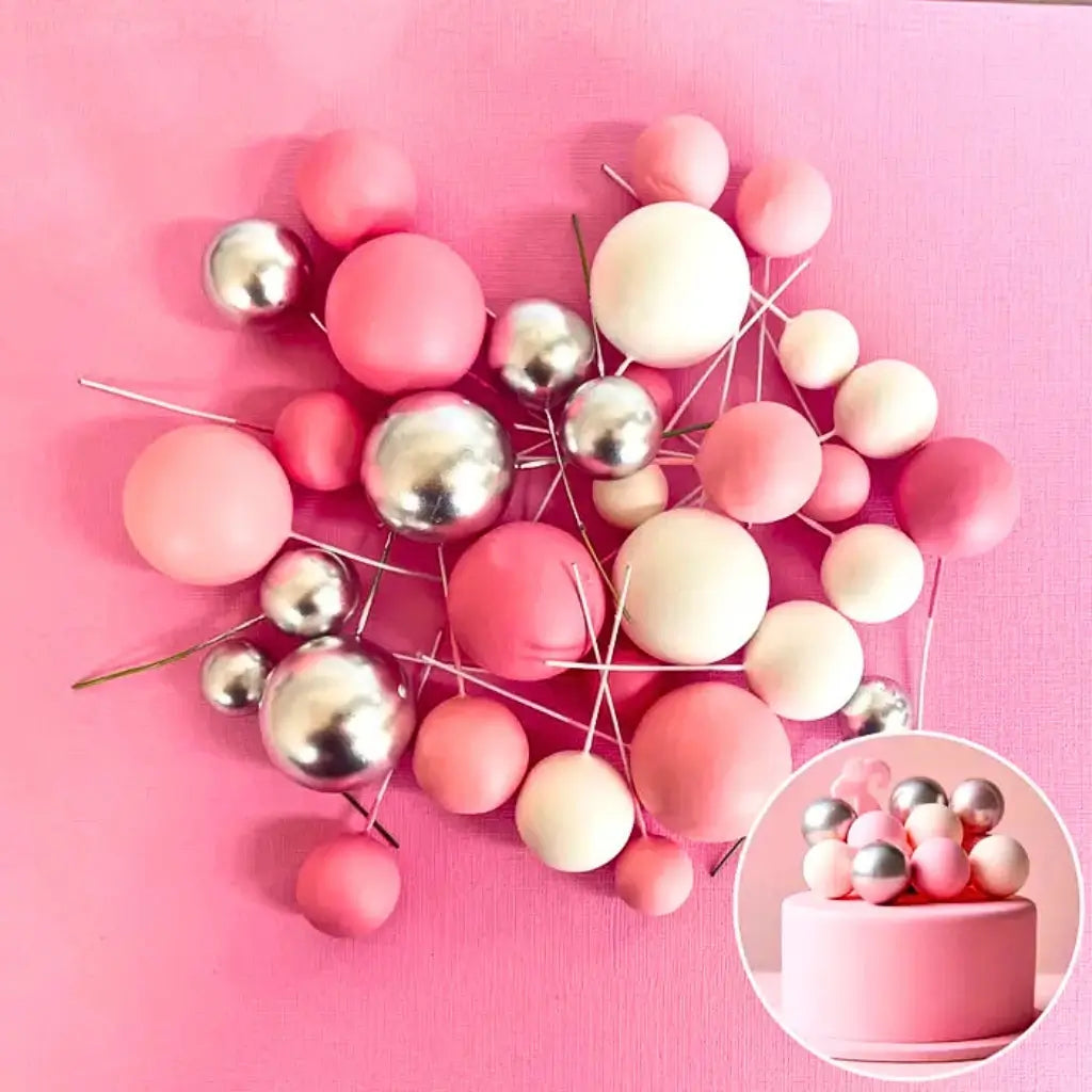 Pink white silver deco foam ball cake topper set