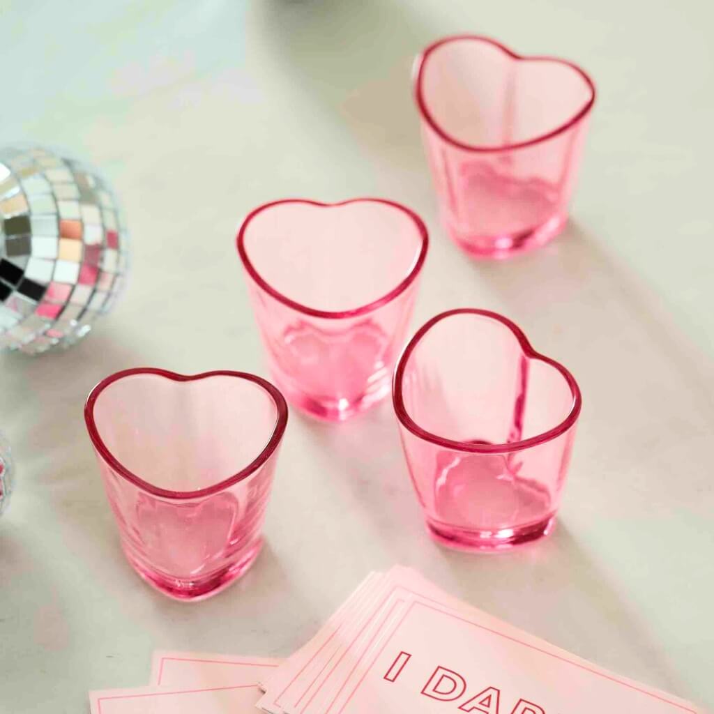 Pink Tinted Drunk in Love Heart Shaped Short Glasses 4pk