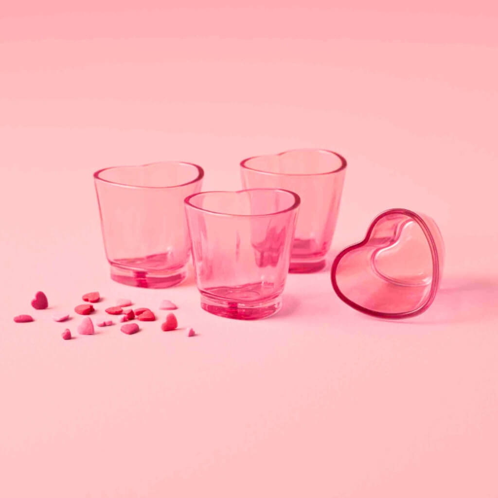 Pink Tinted Drunk in Love Heart Shaped Short Glasses 4pk