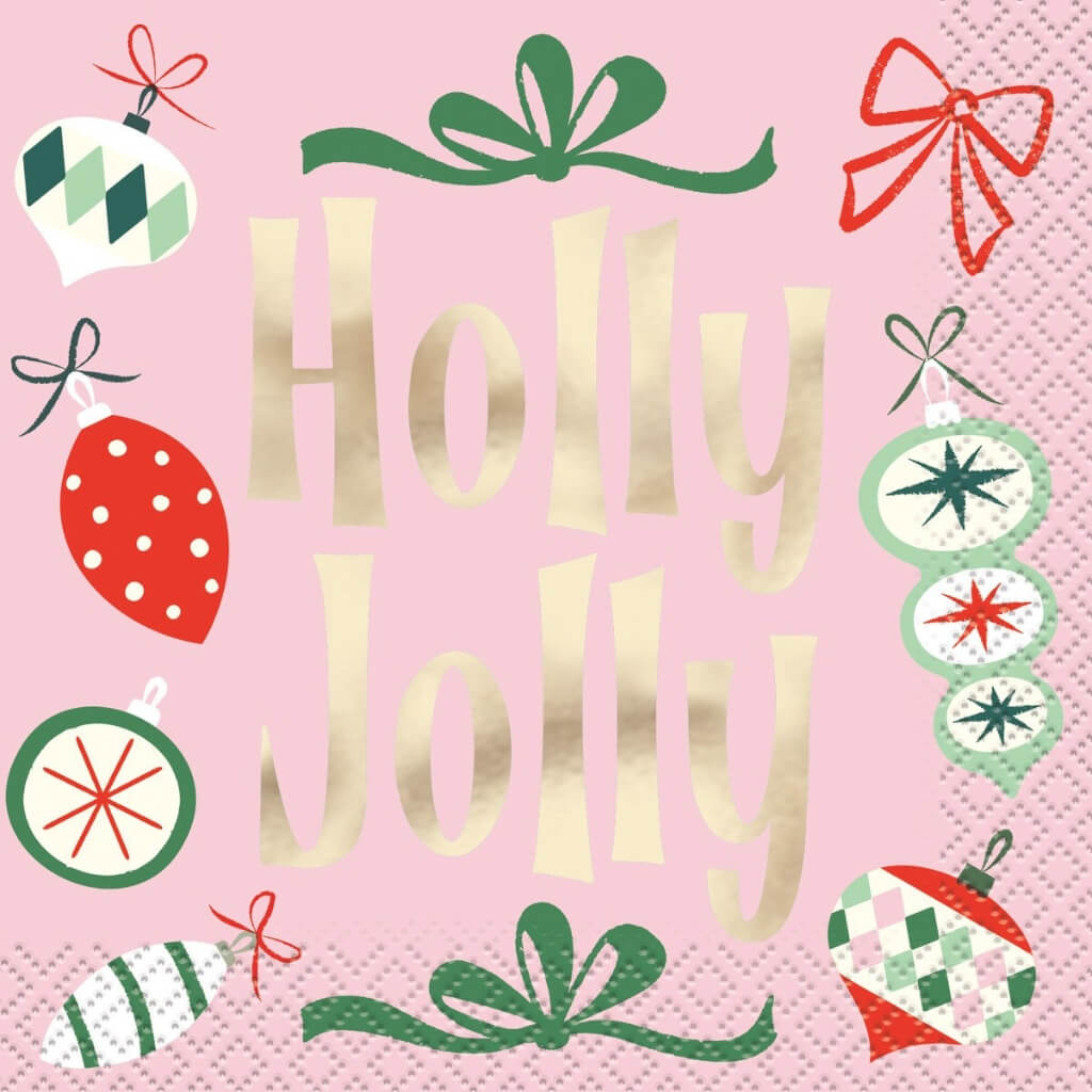 Vintage Christmas “Holly Jolly” Foil Beverage Napkins 16pk