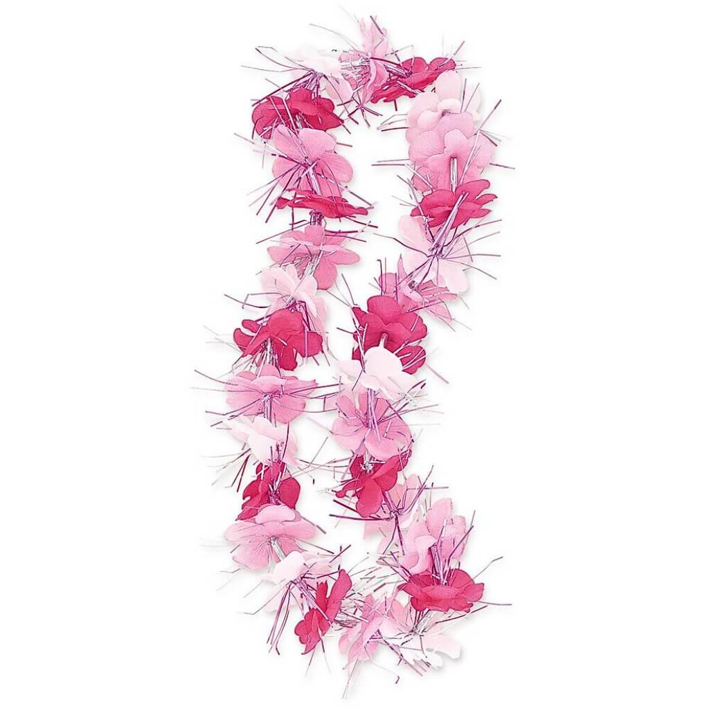 Pink and white Hawaiian flower lei with tinsel