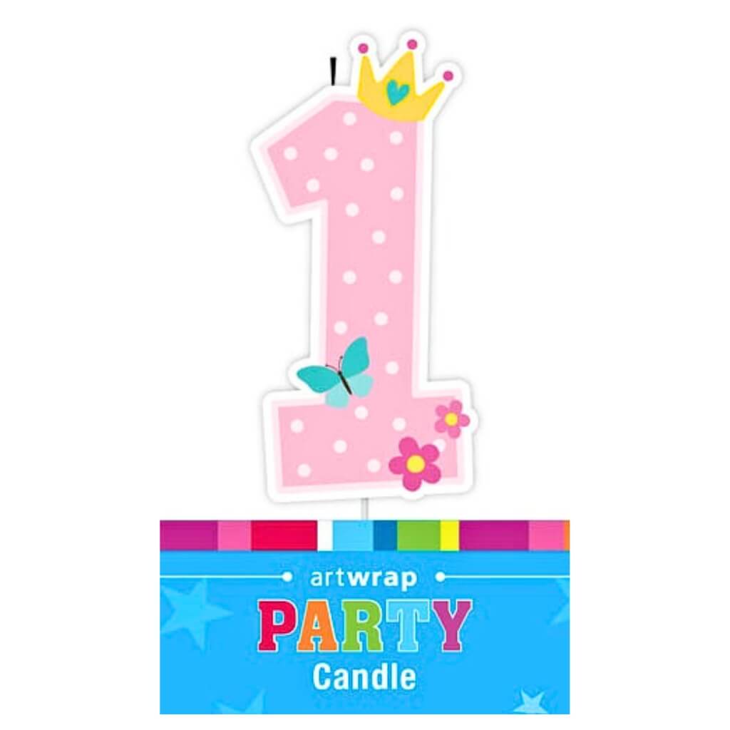 Girls pink and white number 1 birthday candle