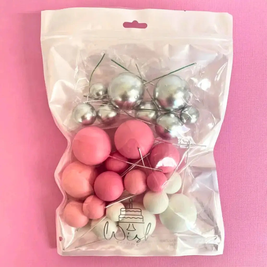 Pink white silver deco foam ball cake topper set