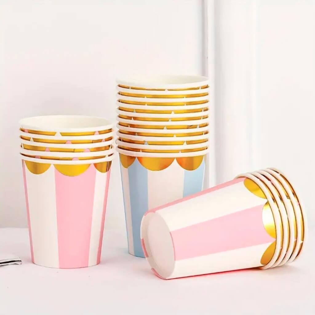 Pink & White Striped Paper Cups Gold Trim 266ml 10pk
