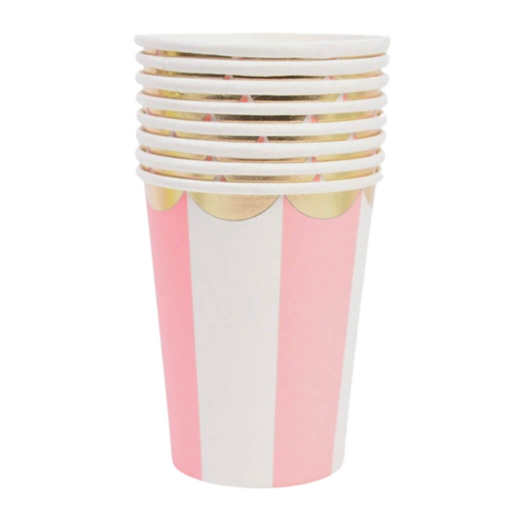 Pink & White Striped Paper Cups Gold Trim 266ml 10pk