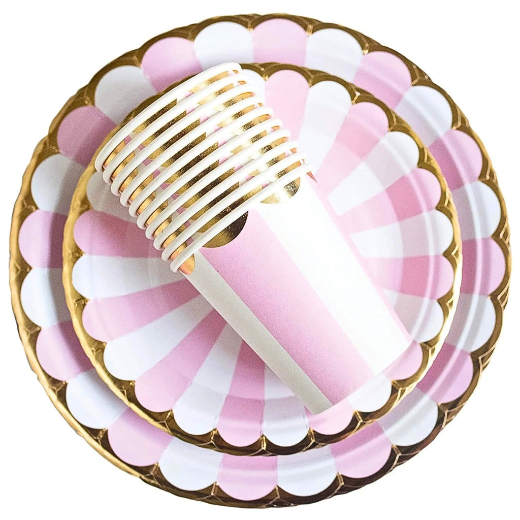 Pink & White Striped Paper Cups & plates Gold Trim 266ml 10pk