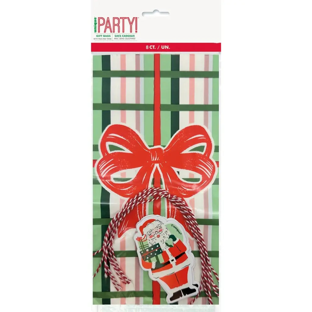 Pack of 8 plaid Christmas cello bags with Santa-shaped gift tags for treats and gifts