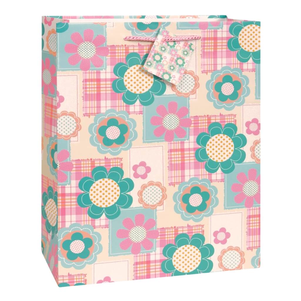 Large Plaid Glitter Flower Gift Bag